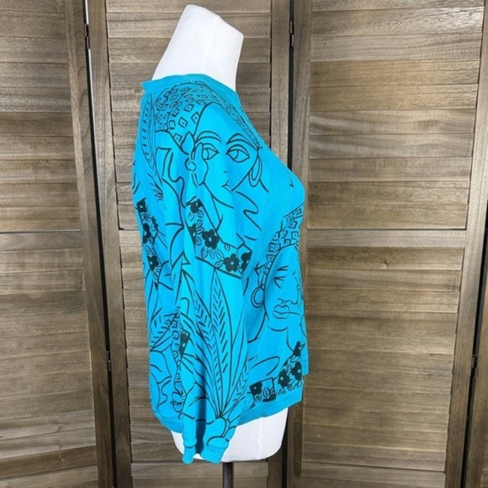 Jeanne Pierre Sweater Womens S Graphic Print Turquoise Blue Cotton Ribbed Trim - Picture 6 of 9